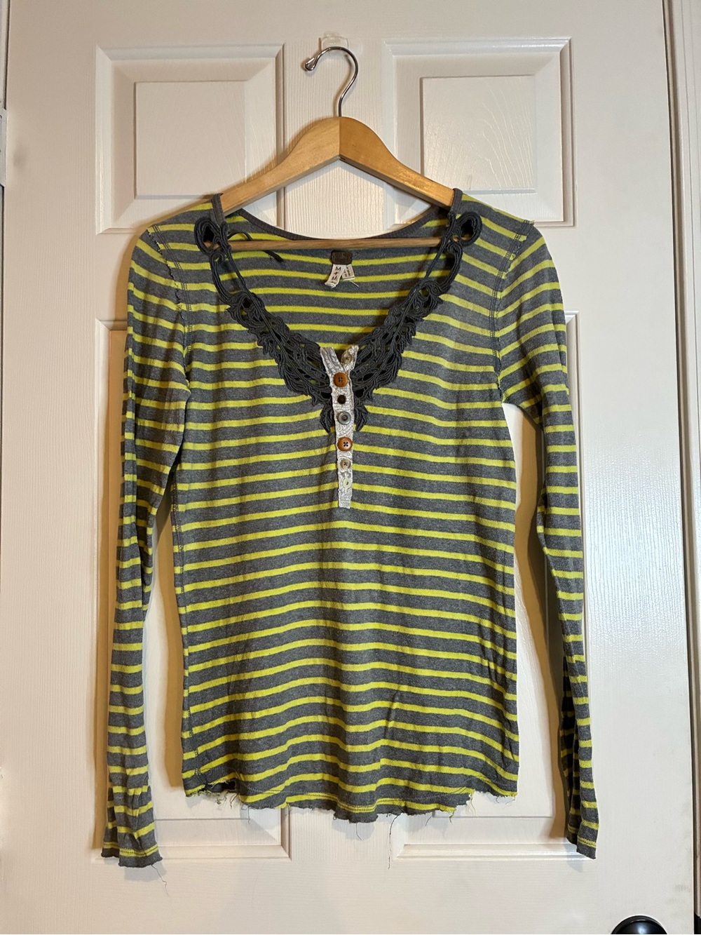 We The Free Gray & Yellow Striped Crochet-Trim Long Sleeve Tee